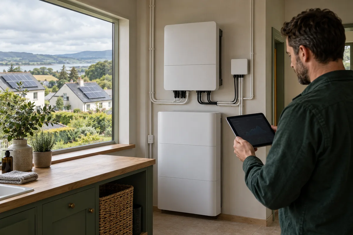 Illustrative Irish installer reviewing a connected solar and battery system on a tablet